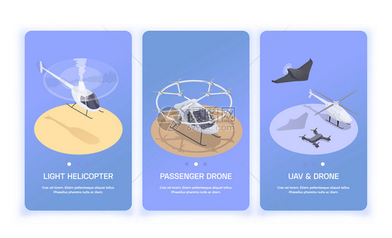 三个垂直的小航空运输横幅与三维直升机无人机等距孤立矢量插图图片