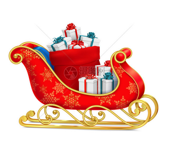 诞雪橇与礼物成与现实的图像,现的盒子红色雪橇与装饰矢量插图图片