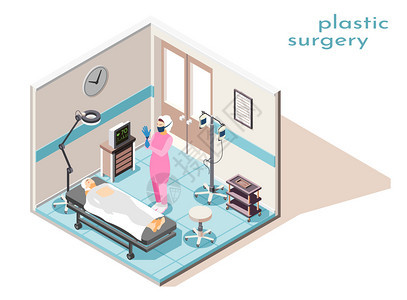 等距成与外科医生妇女准备整形手术手术室三维矢量插图图片