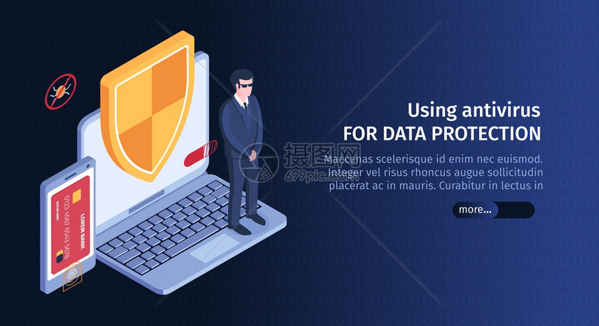 等距黑客水平横幅与计算机安全图像,可编辑文本滑块按钮,以获得更多的信息矢量插图图片