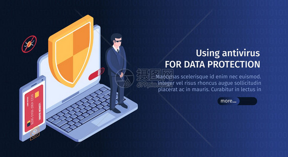 等距黑客水平横幅与计算机安全图像,可编辑文本滑块按钮,以获得更多的信息矢量插图图片