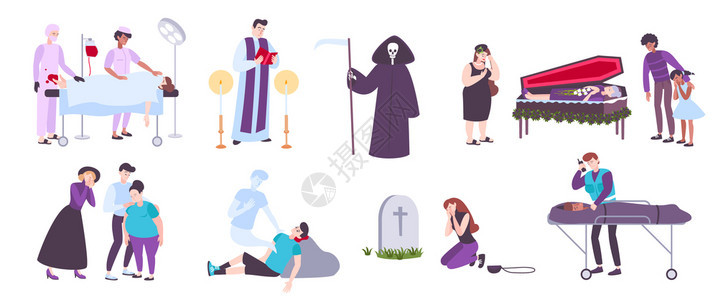 人类死亡葬礼服务墓地哀悼平图标白色背景矢量插图上图片