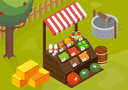 农贸市场等距成与户外景观木制市场摊位与自制农产品矢量插图背景图片