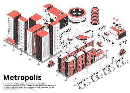 大都市街道等距背景与文字鸟瞰现代城市街区与汽车矢量插图背景图片