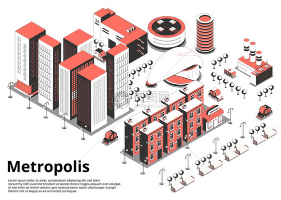 大都市街道等距背景与文字鸟瞰现代城市街区与汽车矢量插图图片