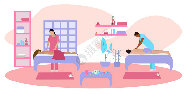 彩色平沙龙按摩插图与两个女孩沙发美容程序矢量插图图片