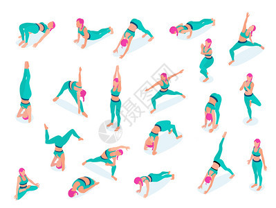 妇女执行伸展健身健身房瑜伽锻炼运动莲花位置等距图标绿色磨损矢量插图背景图片
