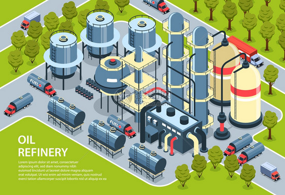 等距石油工业水平背景,可编辑文本工厂矢量插图的室外视图成图片