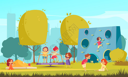 孩子们夏季城市公园玩耍,用树草爬墙木马沙箱等矢量插图进行平构图图片