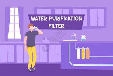 净水过滤器平成室内风景厨房设备安装水过滤系统矢量插图背景图片