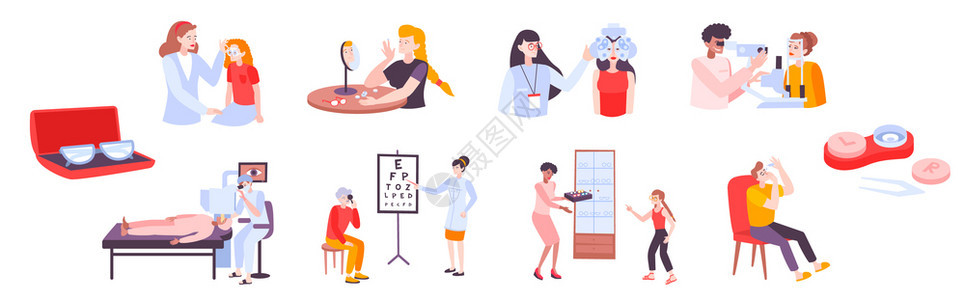 眼科视觉集与医生病人眼科护理产品的孤立特征空白背景矢量插图上图片