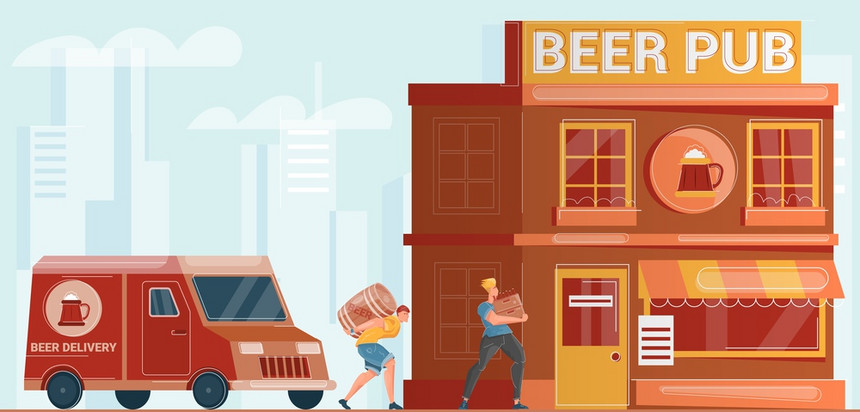 两名男子啤酒送货服务携带桶瓶子进入酒吧大楼平矢量插图图片