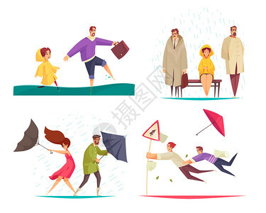 恶劣天气4平趣的作文,人们着翻的雨伞,矢量插图图片