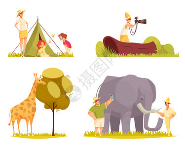 狩猎旅行4平趣的构图与长颈鹿吃树树叶家庭外帐篷矢量插图图片