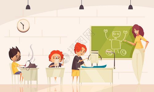 机器人儿童课堂矢量插图与小学生机器人女成人角色黑板与卡通画背景图片