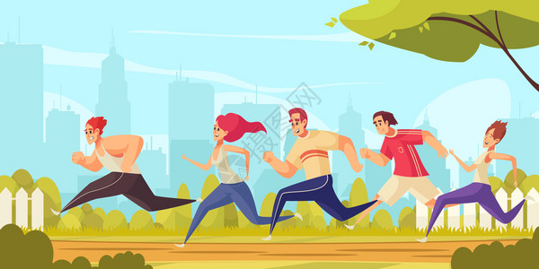 彩色卡通背景与群轻人穿着运动服城市公园矢量插图图片