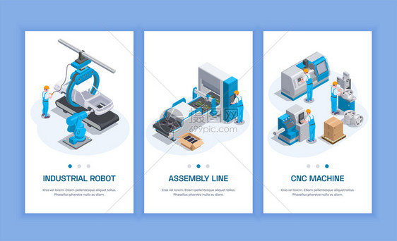 工业设备套三个等距垂直横幅与可编辑文本人类字符机床矢量插图图片
