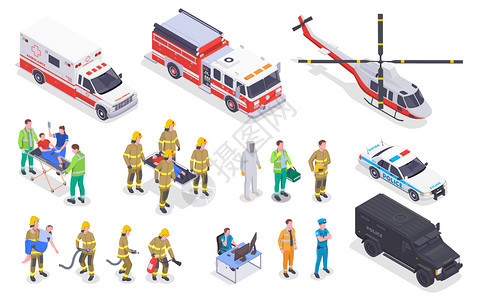 应急服务等距与特殊车辆的孤立图像与消防人员救护车船员矢量插图图片