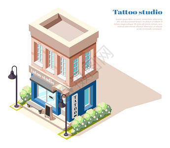 底层纹身身体艺术工作室等距视图2层石镇房屋建筑矢量插图图片