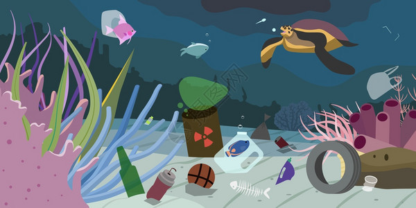水污染背景与海洋生物垃圾底部平矢量插图图片