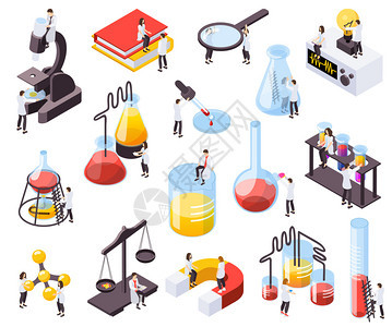 科学等距重彩图标图像的人与部分实验室设备矢量插图图片