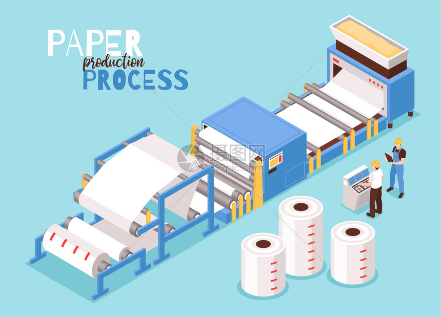 纸张制造木浆自动操作员控制过程干燥片成型机械等距成矢量图图片