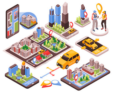 出租车服务导航系统等距元素与3D客户黄色汽车智能手机等距矢量插图背景图片