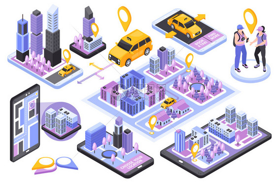 出租车换乘预订服务等距与智能手机导航应用程序3D客户黄色汽车矢量插图图片