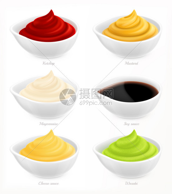 酱汁写实图标番茄酱芥末蛋黄酱酱油奶酪芥末酱油矢量插图图片