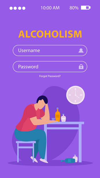 精神障碍移动应用程序的人酗酒与用户名密码输入矢量插图图片