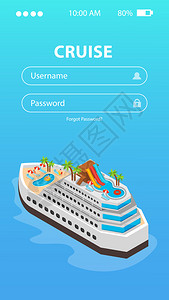 海上邮轮预订移动应用程序与用户名密码输入轮图像等距矢量插图图片