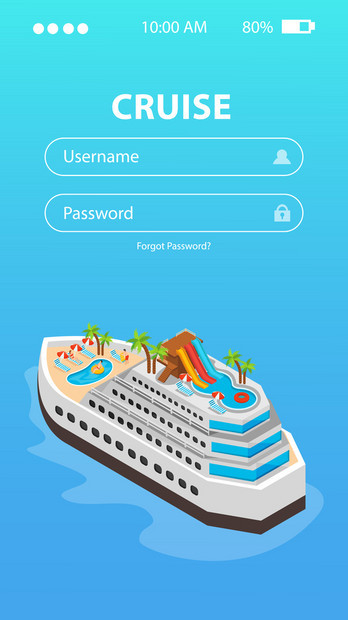 海上邮轮预订移动应用程序与用户名密码输入轮图像等距矢量插图图片
