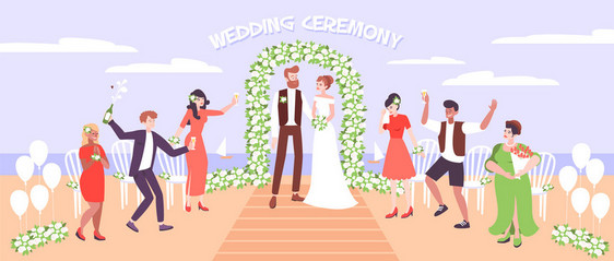 婚礼仪式海边,新婚夫妇婚礼弧下装饰鲜花矢量插图图片