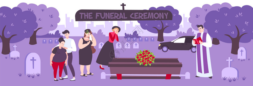 葬礼仪式墓地矢量插图与哭泣的人站花花环围绕棺材图片