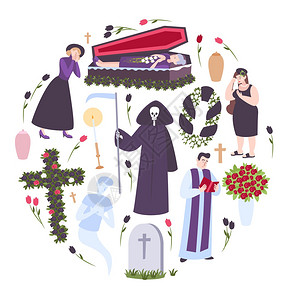 葬礼圆形构图与悲伤的人墓碑牧师棺材与死者图标矢量插图图片