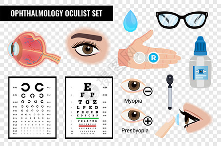 视觉图标眼科眼集与图像视觉检查表,眼睛药物透明的背景矢量插图插画