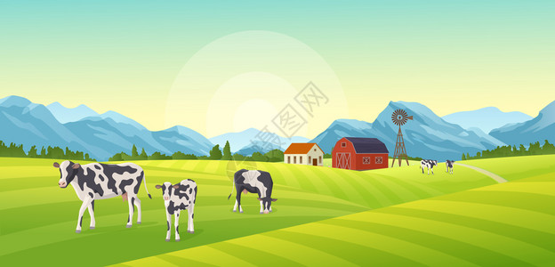 美女三维立体图农场夏季景观成与户外风景奶牛与农业建筑,山脉风车矢量插图插画