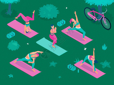户外瑜伽等距海报与轻女瑜伽姿势公园区域矢量插图图片