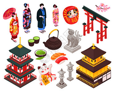 等距日本旅游集与建筑项目传统服装的人空白背景矢量插图图片