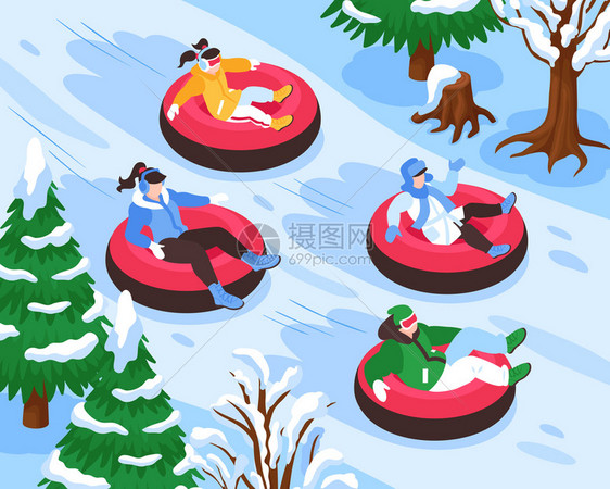 寒假度假胜地户外活动为大家等距构图与雪管公园趣的矢量插图图片
