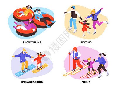 等距寒假作文,以文字人物温暖的衣服上滑雪滑雪板矢量插图图片