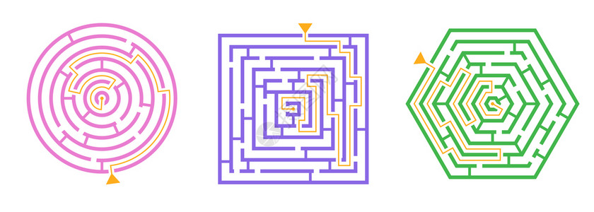 解决方案迷宫游戏模式顶部视图集的3个圆形正方形六边形迷宫矢量插图插画