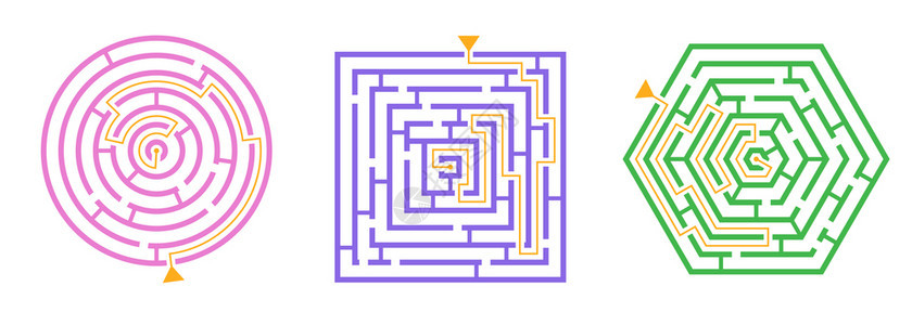 迷宫游戏模式顶部视图集的3个圆形正方形六边形迷宫矢量插图图片