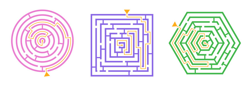 迷宫游戏模式顶部视图集的3个圆形正方形六边形迷宫矢量插图图片