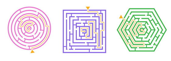 迷宫游戏模式顶部视图集的3个圆形正方形六边形迷宫矢量插图图片
