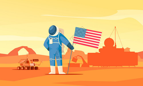 火星殖民平成与突出的宇航员种植漫游者建设工作的背景矢量插图图片