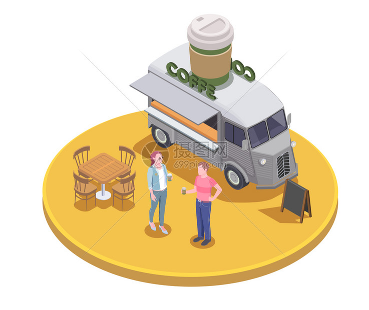 食品卡车等距成与人类人物咖啡卡车顶部的圆形平台矢量插图图片