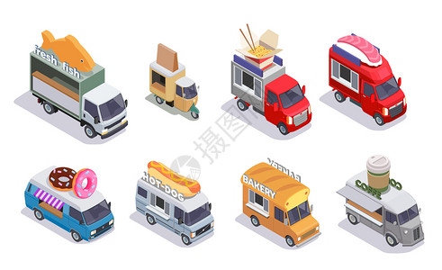 食品卡车等距八个图像移动快餐店车辆与同的矢量插图图片