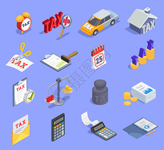 税收会计等距图标收集与16个图像文件,私人财产文件货币矢量插图图片