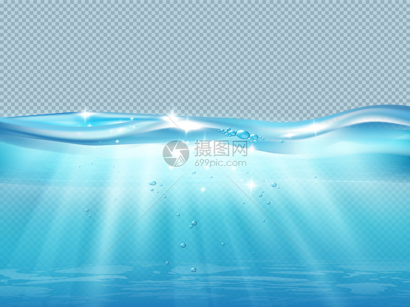 水下海浪真实构图与纯水气泡阳光透明背景矢量插图图片